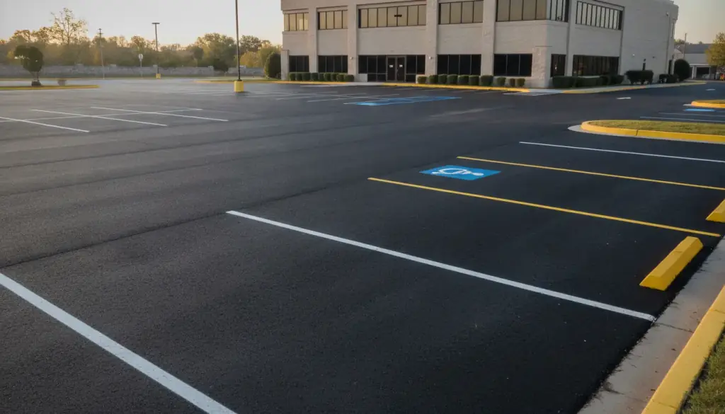 Freshly restriped commercial parking lot beside a low rise office building with new white and yellow markings and a painted accessible stall