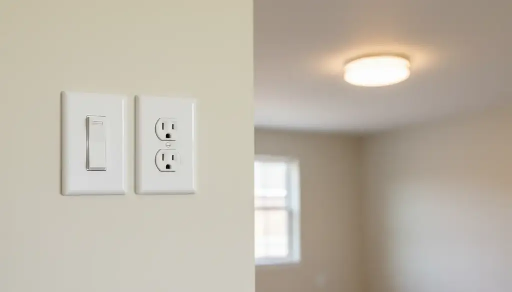 Newly fitted light switch and outlet on a freshly painted wall with a flush mount ceiling light beyond